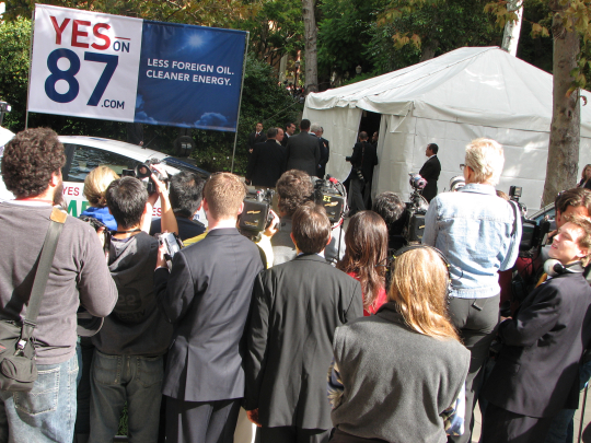 Media await President Clinton at UCLA, Oct '06